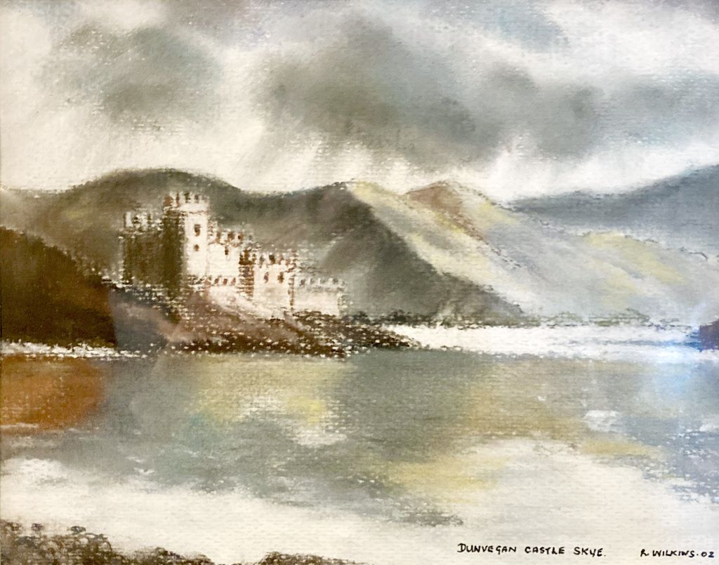 Drawing of Dunvegan Castle, Skye with mountains in the background and the loch in the foreground.