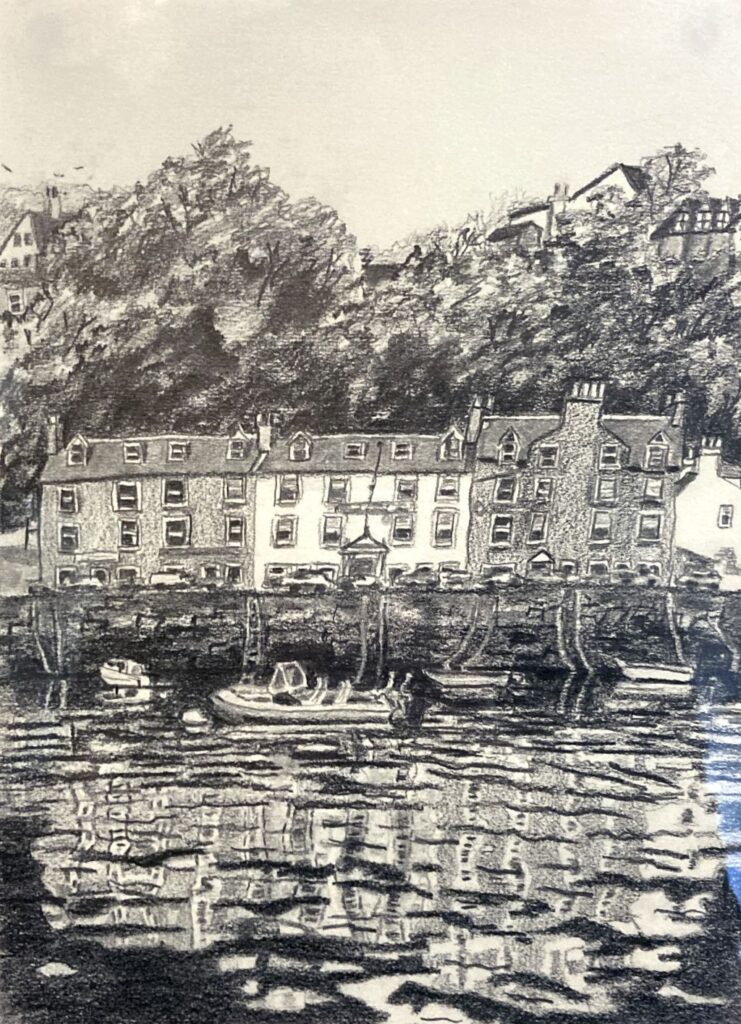 Drawing of a row of cottages with trees behind and a river in front.  There are some boats on the river.