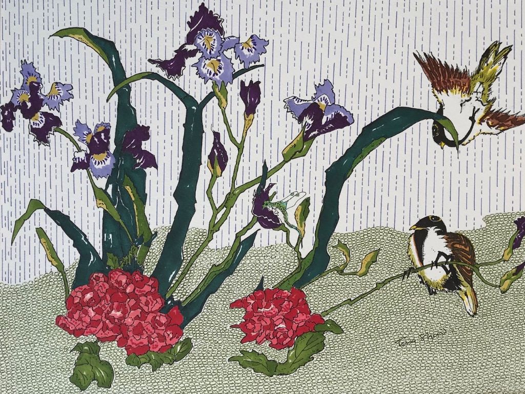 Finches-irises-and-peonies-by-Tina-Shaw