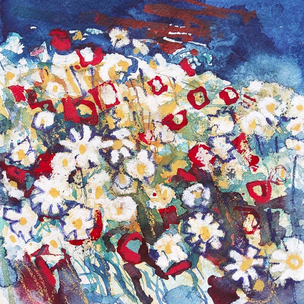 Moon daisies and poppies by the Itchen Winchester by Joan Lee