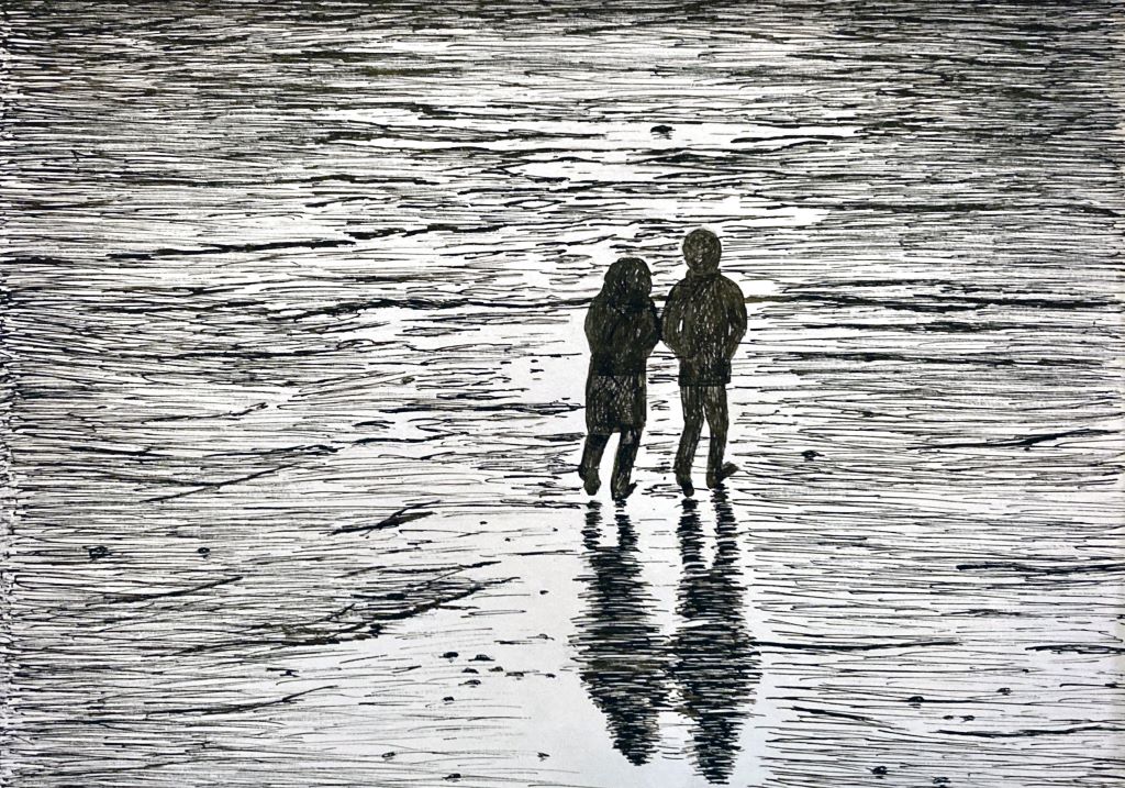Drawing of 2 people on sand with reflections